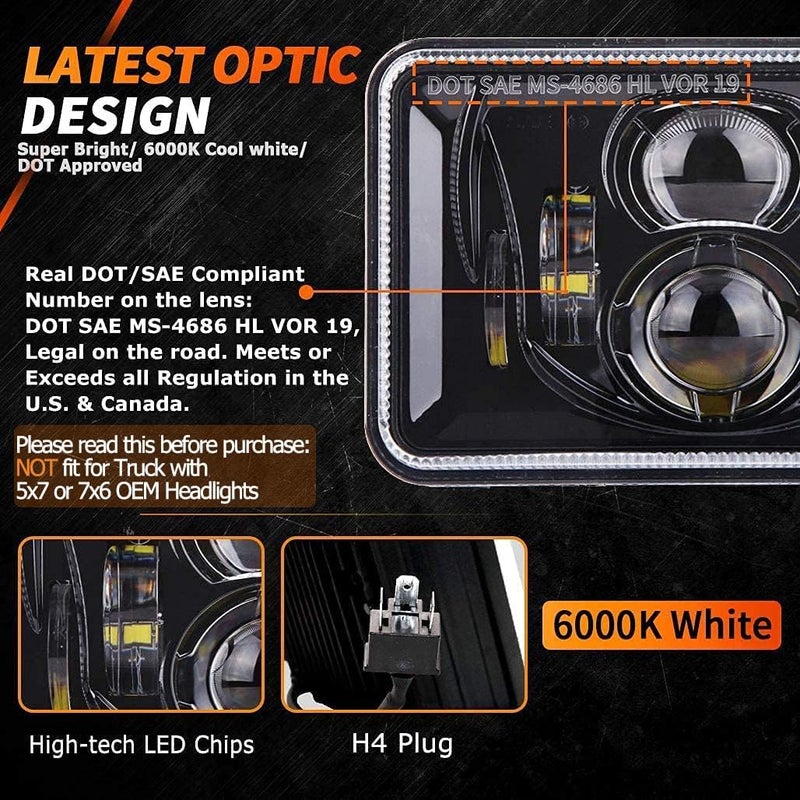 Z-OFFROAD 2pcs 60W 4x6 LED Headlights DOT Approved H4656 H4651 H4652 H4666 H6545 Sealed Beam Rectangular Headlamp for Freightliner KW Peterbilt Oldsmobile Cutlass Trucks - Black - Image 3